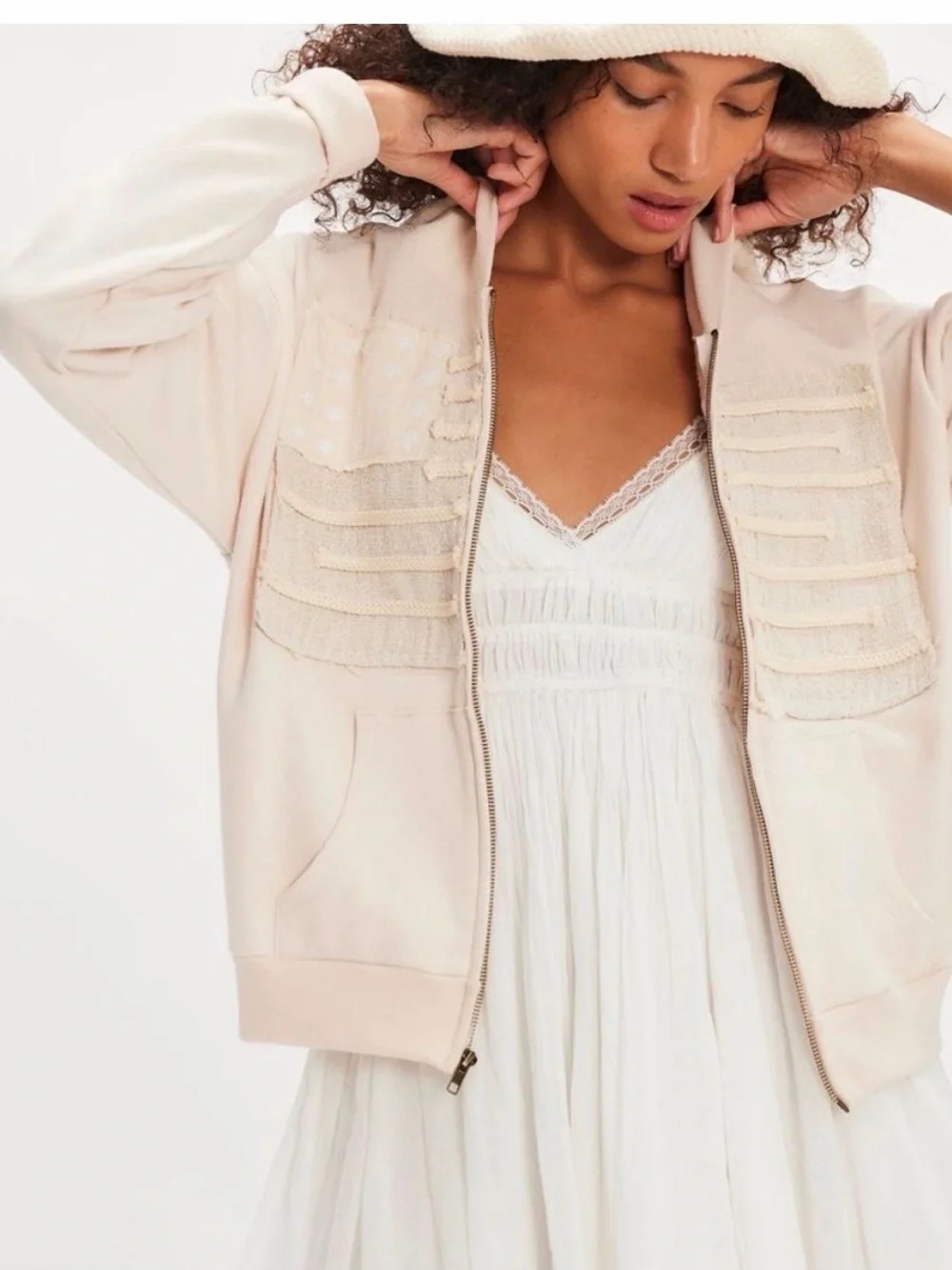 Tricia Fix x Free People Flag Zipper Hoodie In Ivory Combo